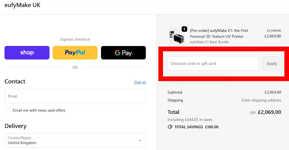 Screenshot showing where to enter an eufymake promo code in the checkout code box on eufymake.com