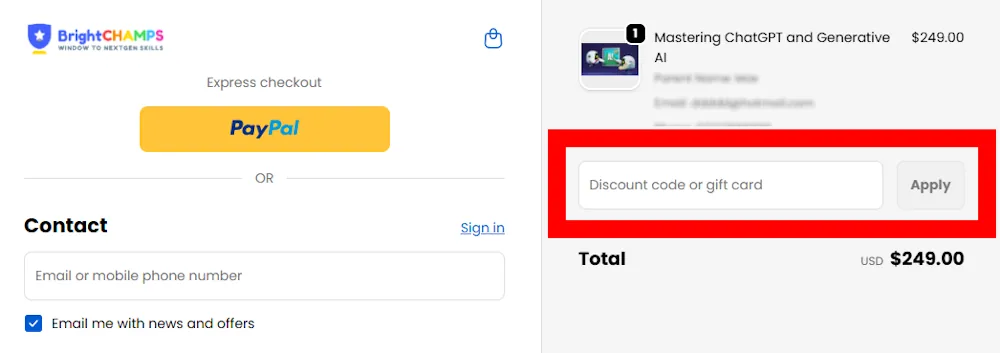 Screenshot showing where to enter an brightchamps promo code in the checkout code box on shop.brightchamps.com.