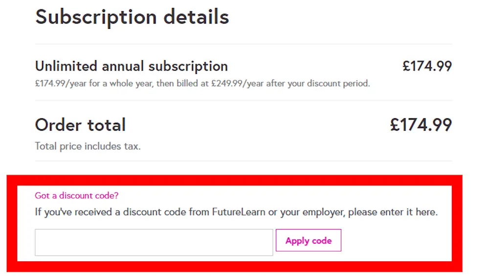 Screenshot showing where to enter an FutureLearn promo code in the checkout code box on futurelearn.com.