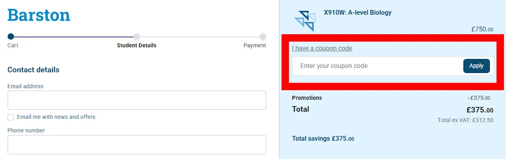 Screenshot showing where to enter an Barston College promo code in the checkout code box on barston.college.