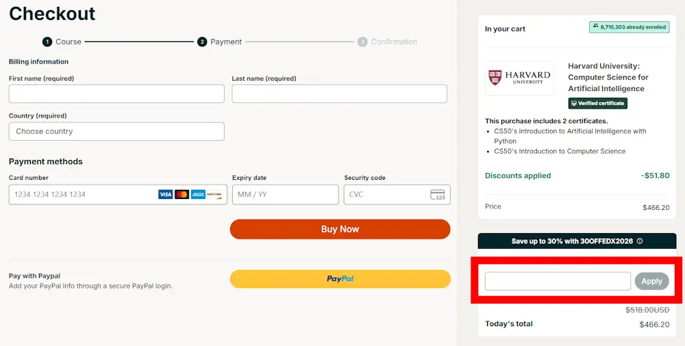 Screenshot showing where to enter an edX promo code in the checkout code box on edx.org.
