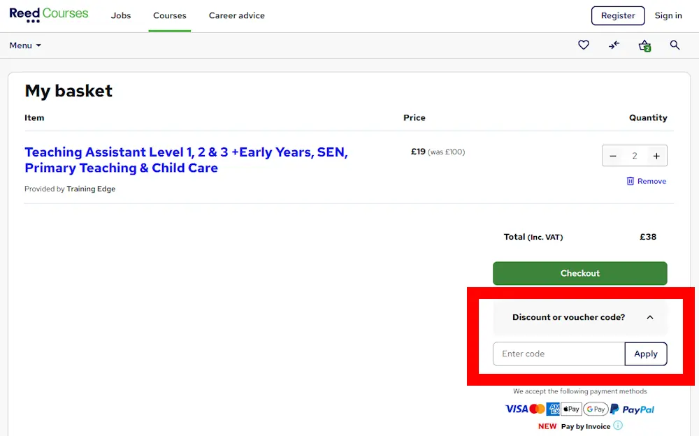 Screenshot showing where to enter a Reed Courses promo code in the checkout code box on reed.co.uk.