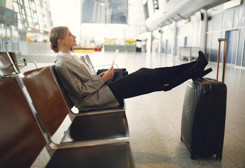 Woman relaxing at airport with legs on suitcase while reading, ready for a spring break or weekend getaway