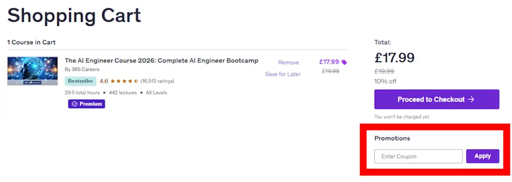Screenshot showing where to enter an Udemy promo code in the checkout code box on udemy.com.