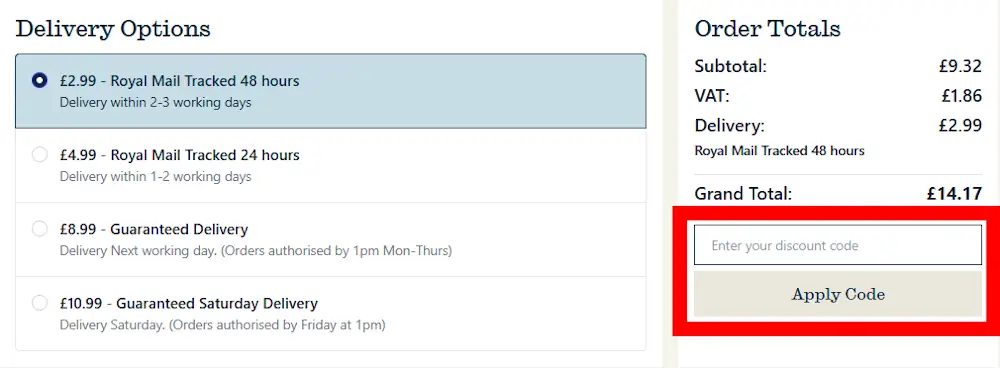 Screenshot showing where to enter an Oxford Online Pharmacy discount code in the checkout code box on oxfordonlinepharmacy.co.uk.