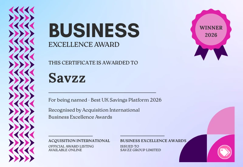 Savzz Group Limited certificate for Best UK Savings Platform 2026 Business Excellence Awards