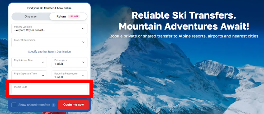 Where to enter a Alps2Alps Transfers voucher code at checkout