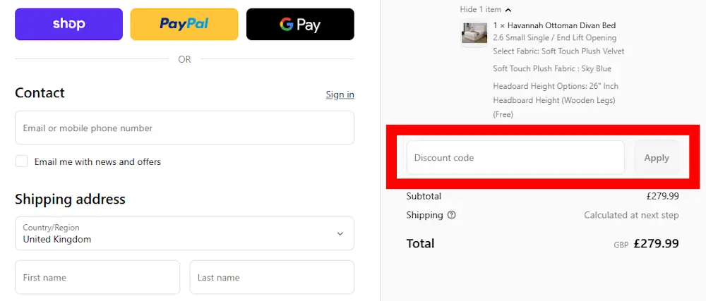 Where to enter a Everest Beds voucher code at checkout