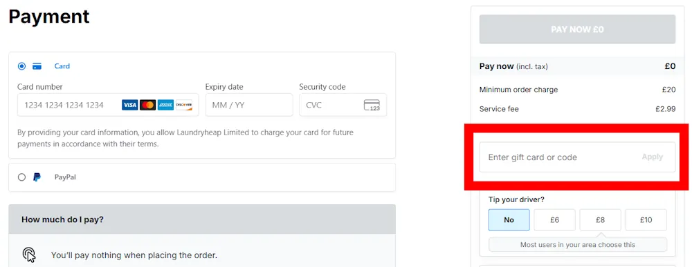 Laundryheap checkout showing where to enter a voucher code.