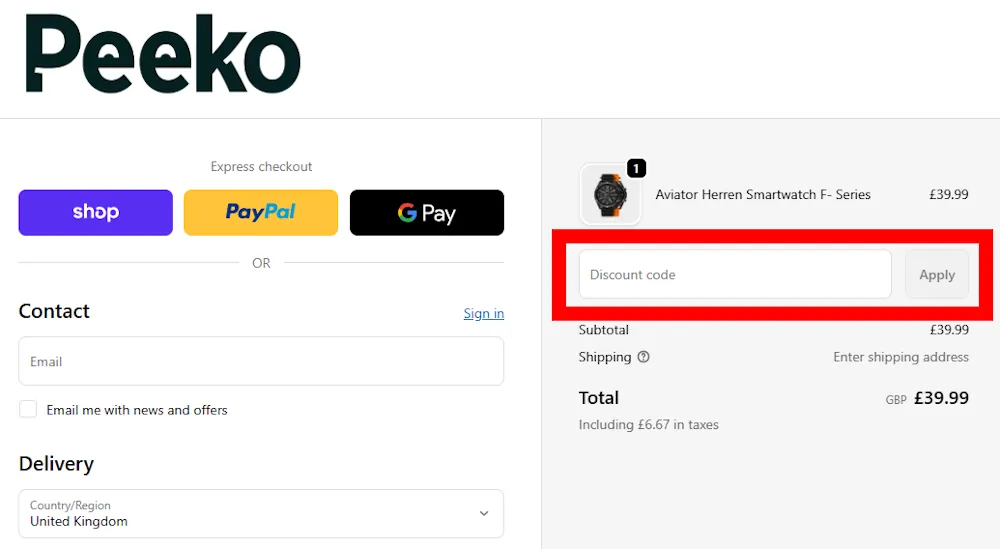 Enter a Peeko discount code at checkout to update your total before payment.