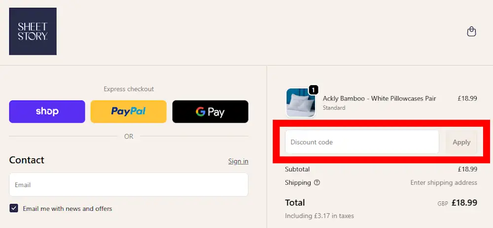Where to enter a Sheet Story discount code at checkout