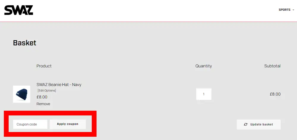 Where to enter a SWAZ discount code at checkout