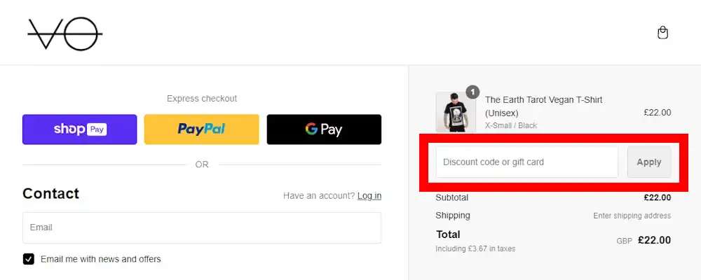 Where to enter a VO discount code at checkout