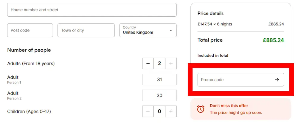 Holidu discount code entry box during checkout