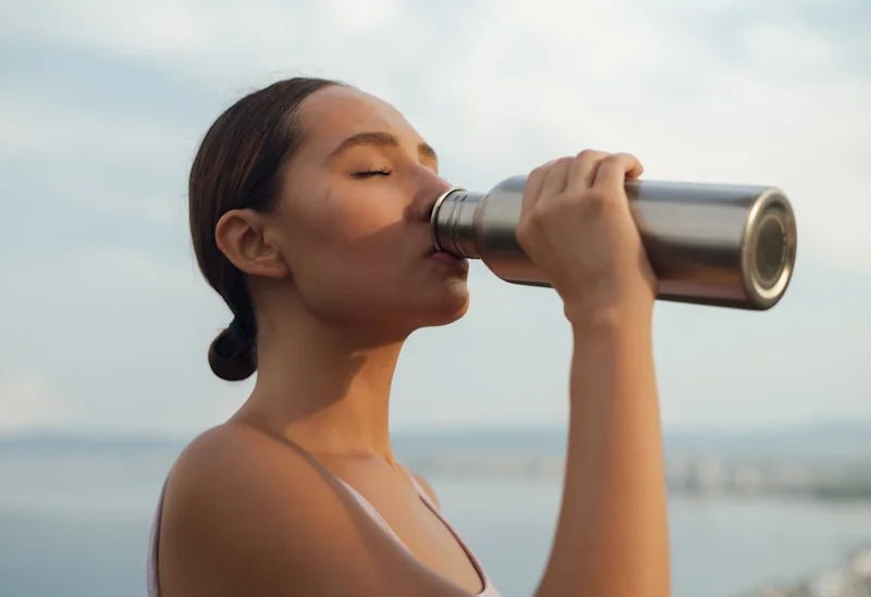 Person drinking from a reusable water bottle outdoors.