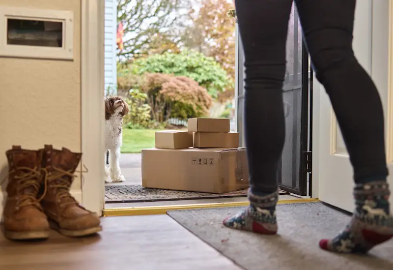 Several delivered packages stacked on a doorstep with a person standing in the doorway