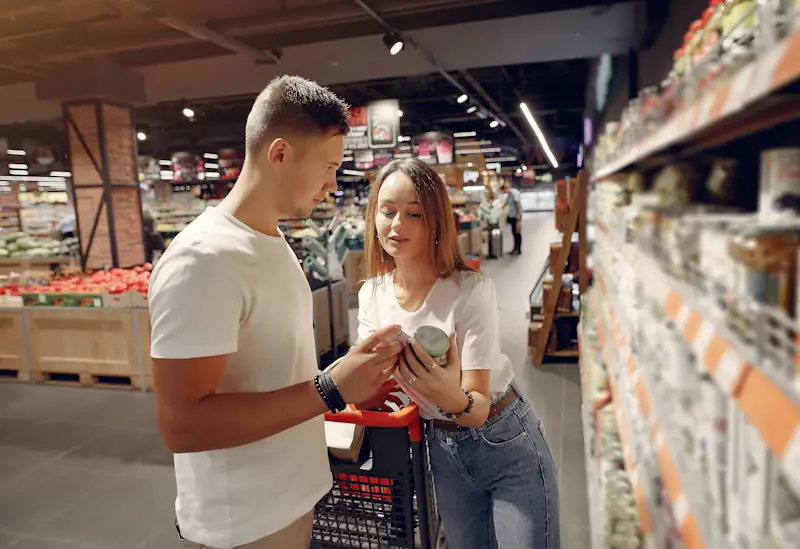 Two people comparing grocery items in a supermarket aisle, representing everyday choices that help make your money go further.