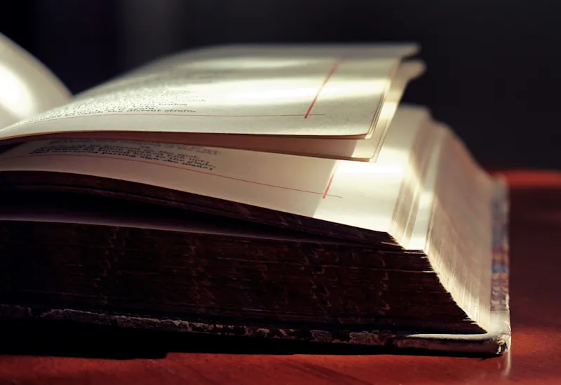 An open book on a wooden table illuminated by warm sunlight